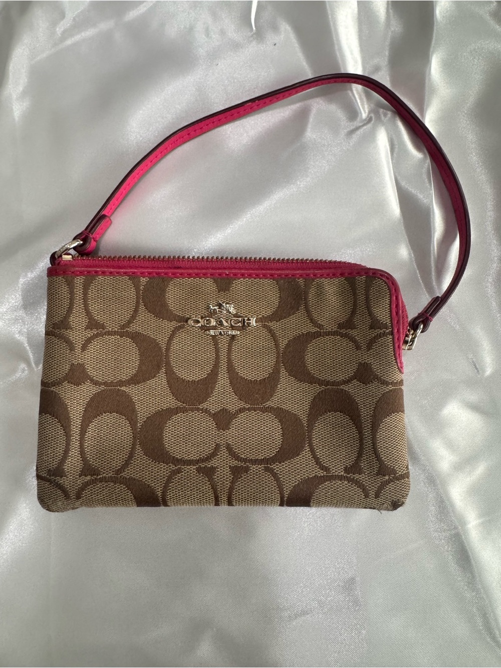 Coach Brown Signature Canvas Wristlet with Pink Trim